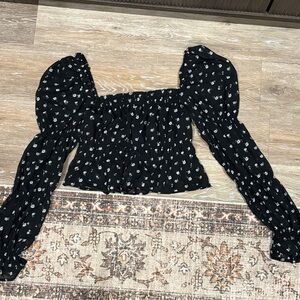 H&M Black Floral Blouse with Puff Sleeves